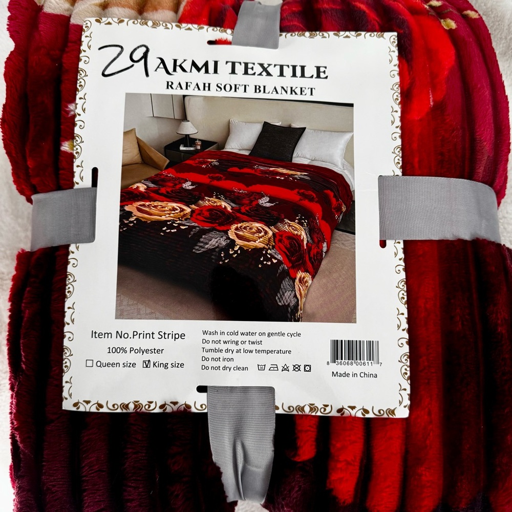 KING Size - Red Black Tan Gray / Floral Blanket Throw Bedspread